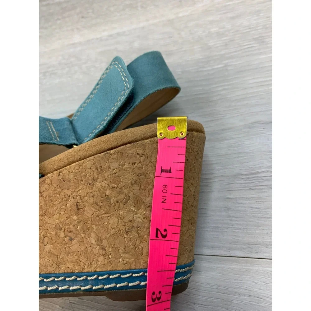 Clarks Women's Teal Blue Suede Cork Wedge Sandals 9 Casual Comfort Shoes